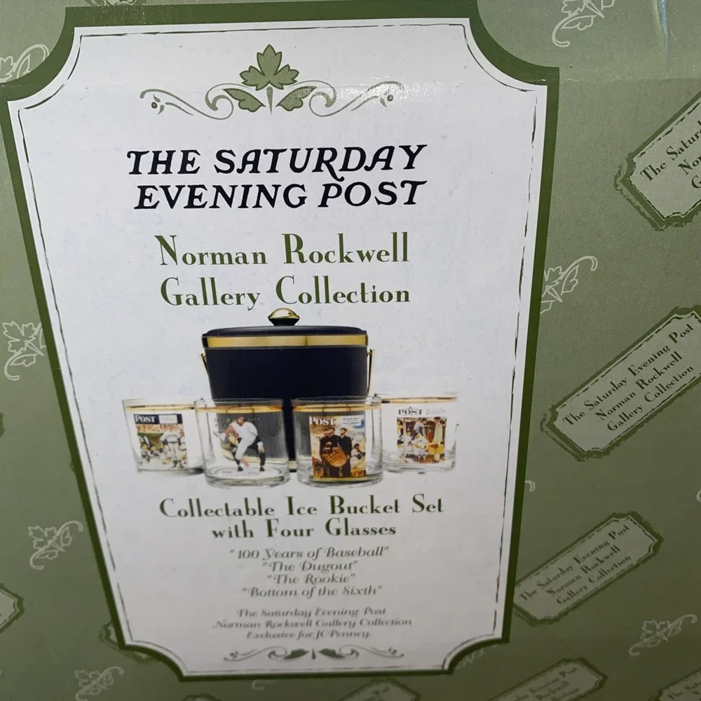 Vintage Ice Bucket Saturday evening post collectible 4 Whiskey glasses Baseball
